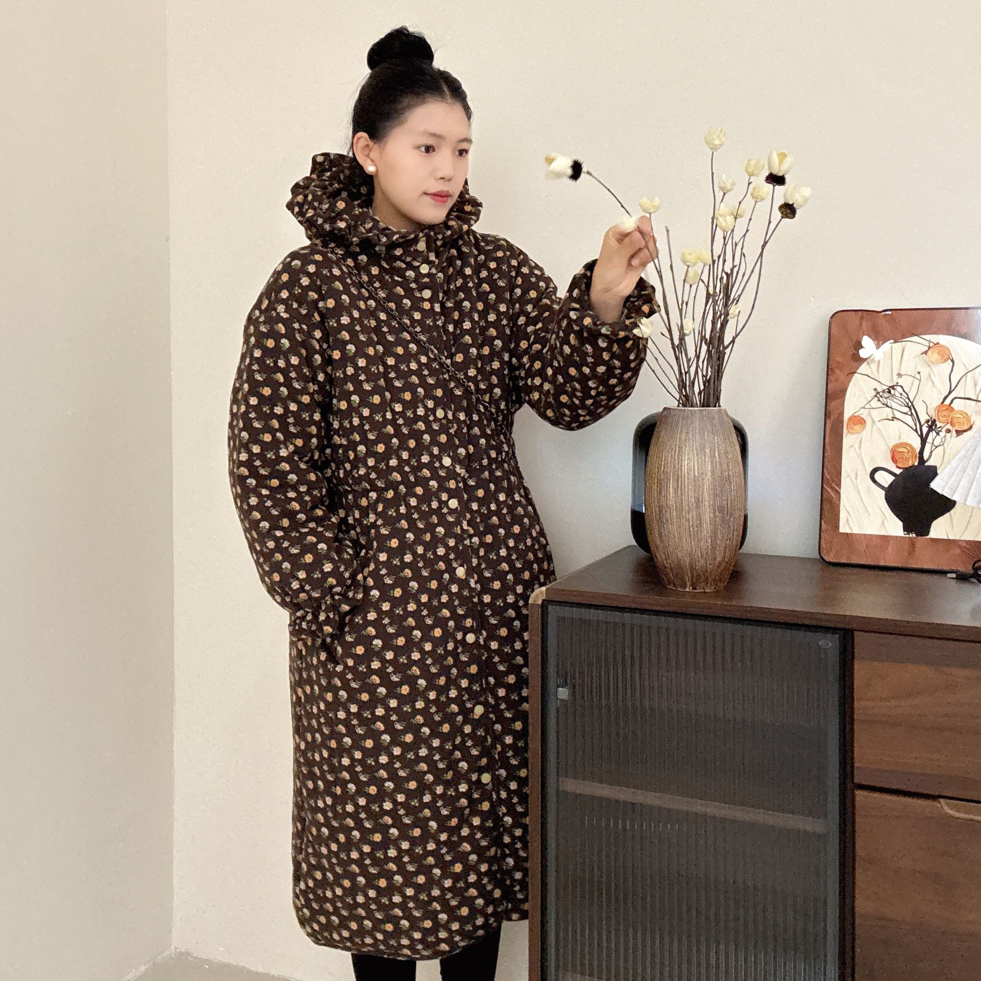 【摩卡碎花】300g新疆棉花边帽收腰大长款宽松家居服女保暖棉衣棉服