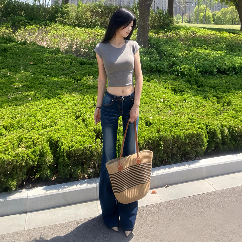 TXQ牛仔裤女【单裤+加绒+运费险】显瘦小众复古中低腰弹力微喇裤女