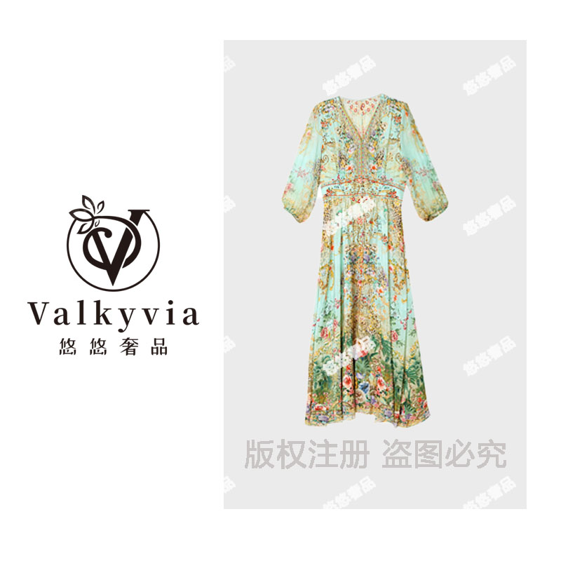 【Valkyvia/悠悠奢品】夏季女绿色v领七分袖气质长裙子3936