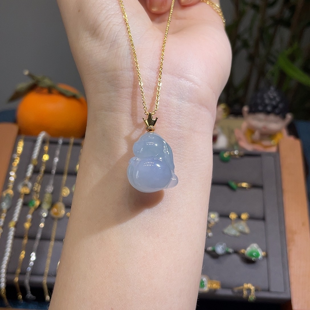 翡翠吊坠(不含链)18K金镶嵌冰紫立体兔子