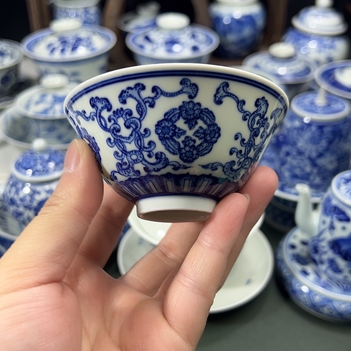 柴窑点工花团锦簇薄胎斗笠碗