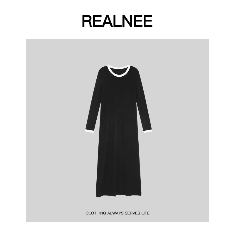 REALNEEI【留白】丝光眻毛极简显瘦女圆领百搭休闲女款连衣裙03792