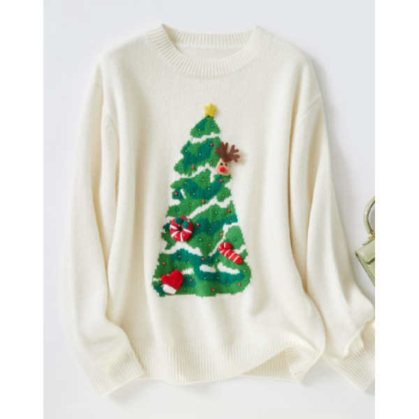 【100绵羊毛】红色立体圣诞树麋鹿装饰针织衫 1687