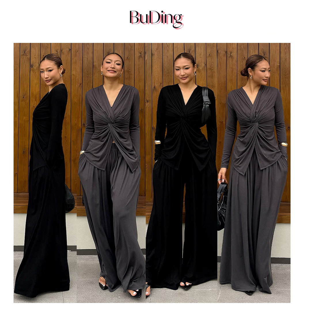 BuDing 松弛感‌不规则长袖上衣阔腿裤套装
