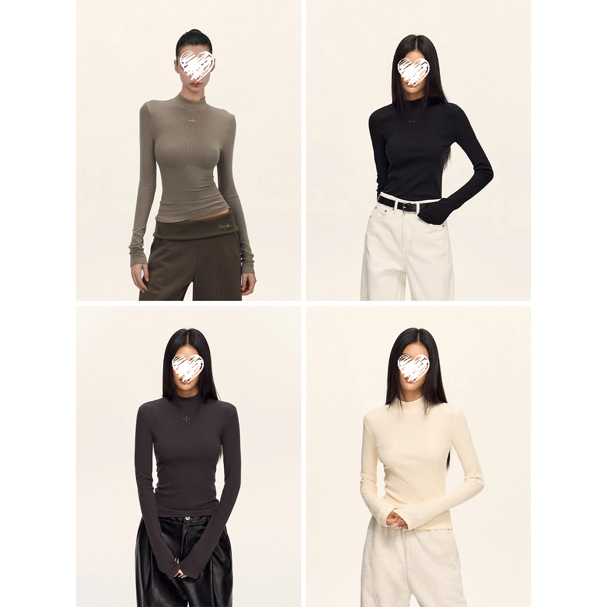 Miss sumey#1516自制加绒半高领十字架刺绣弹力打底衫显瘦内搭女