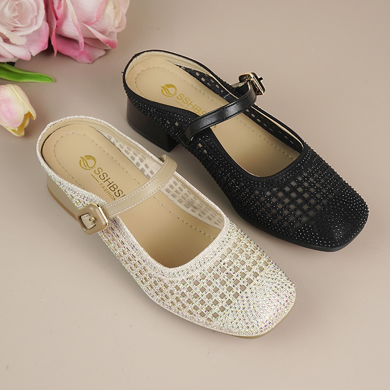 真皮牛皮夏季新款凉鞋粗跟镂空水钻方头女鞋透气百搭2653