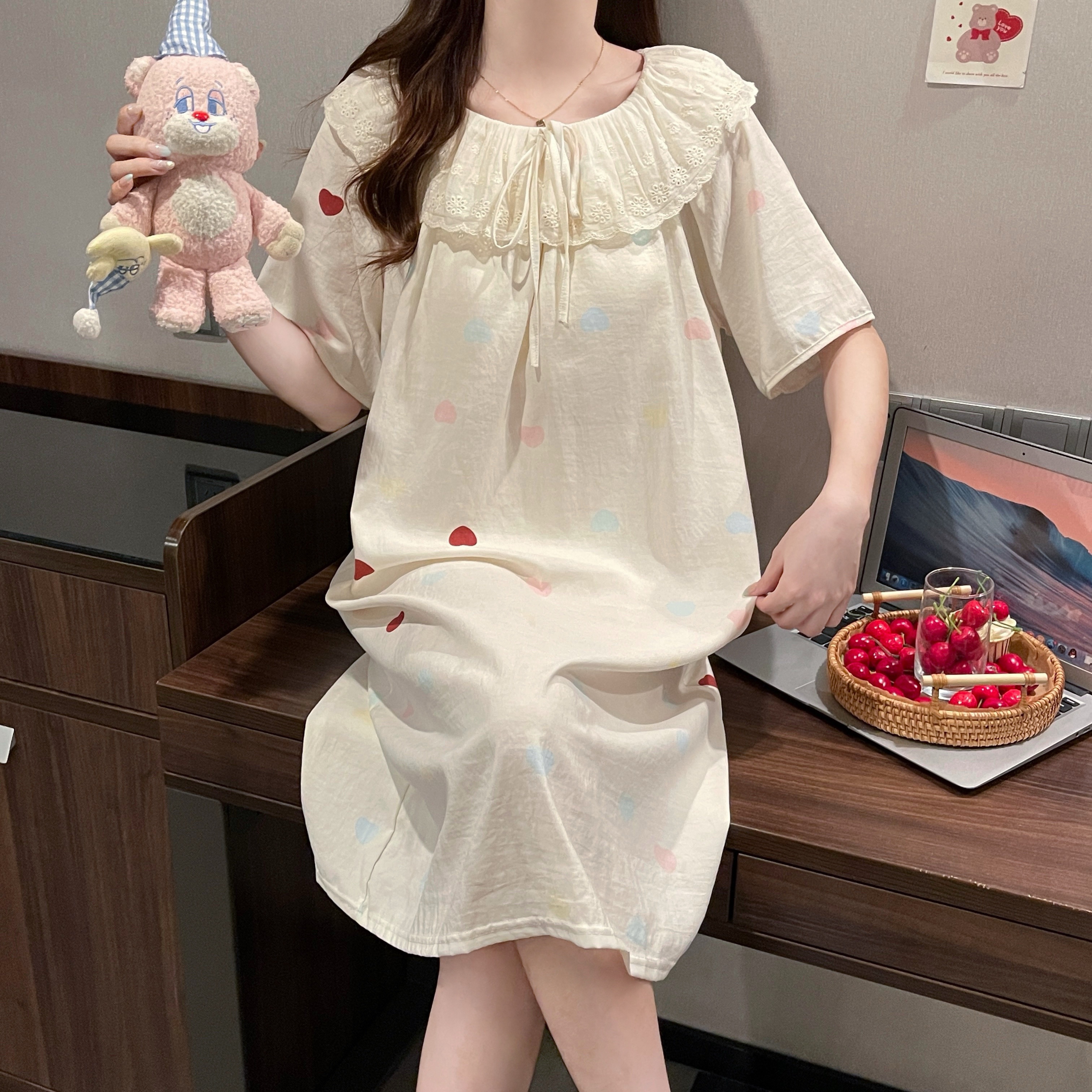 KT腊肠狗方领睡裙可外穿带胸垫短袖夏季睡衣女款爆款2025新款