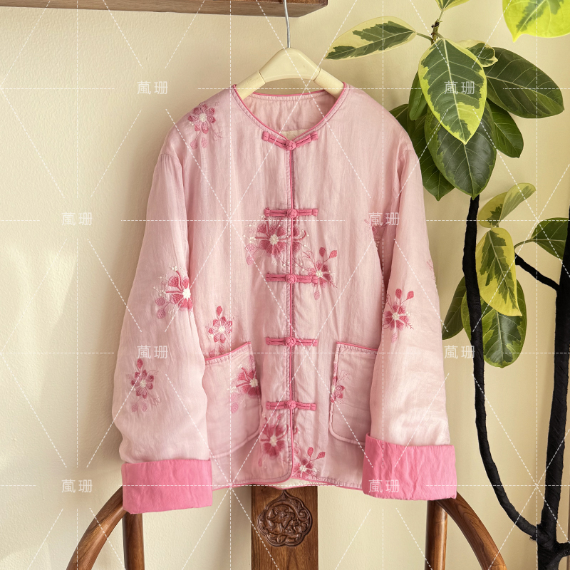 【桃花朵朵】冬季重工刺绣苎麻新中式国风盘扣棉衣外套52637