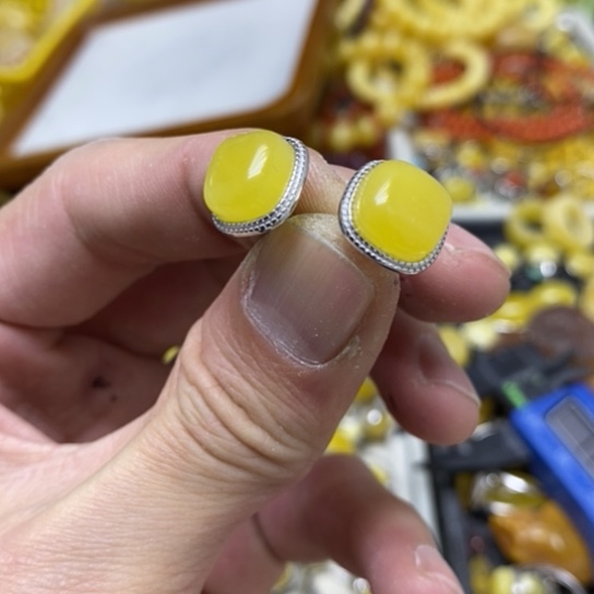 蜜蜡裸石银S925镶嵌耳钉