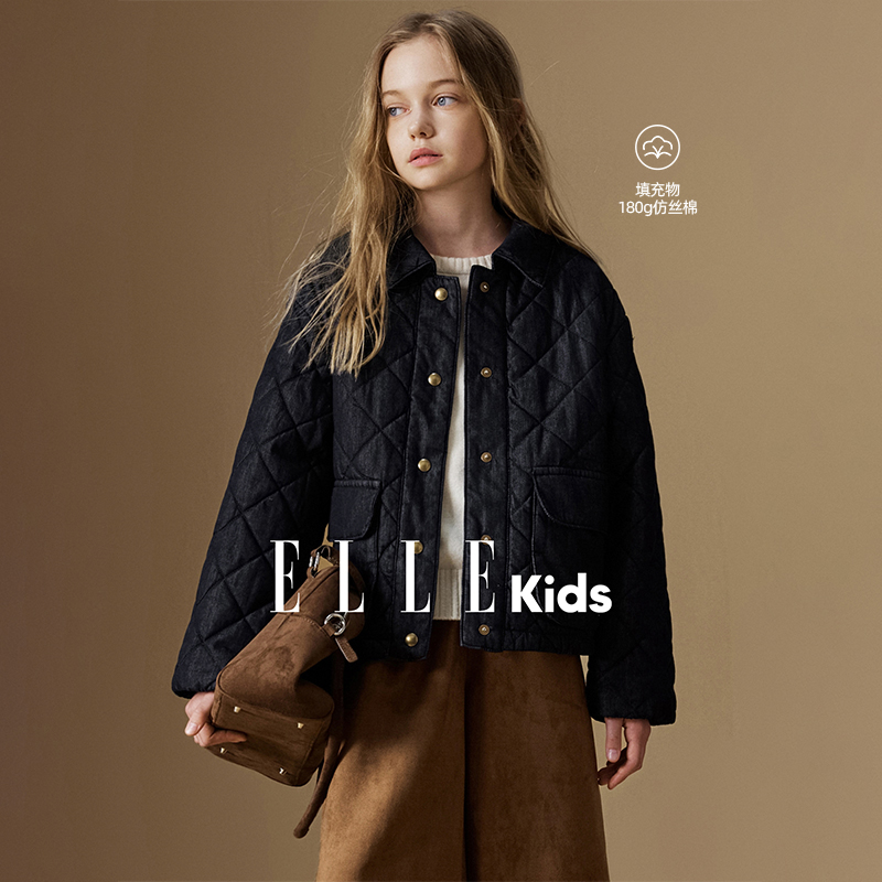 ELLE KIDS童装 菱格绗棉翻领牛仔棉服女儿童冬新款休闲时尚外套D1