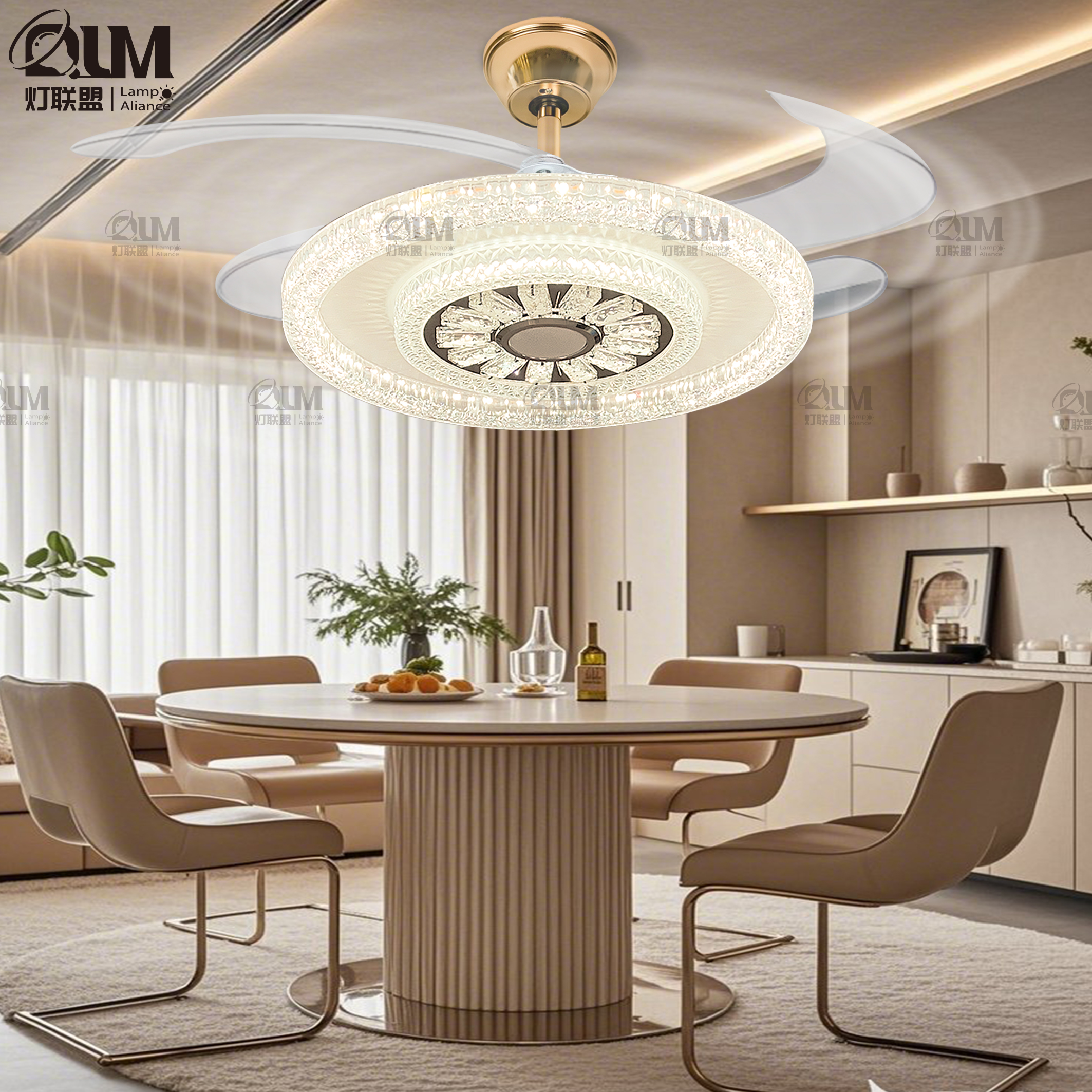 ZZ[2117]8护眼隐形蓝牙音响水晶风扇灯现代简约语音声控听歌照明