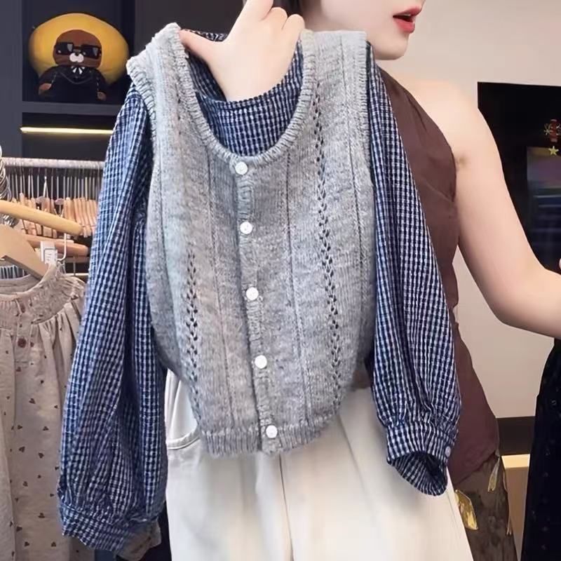 【思晨家】女童毛衣马甲套装春秋2025新款儿童休闲中大童格子衬衫