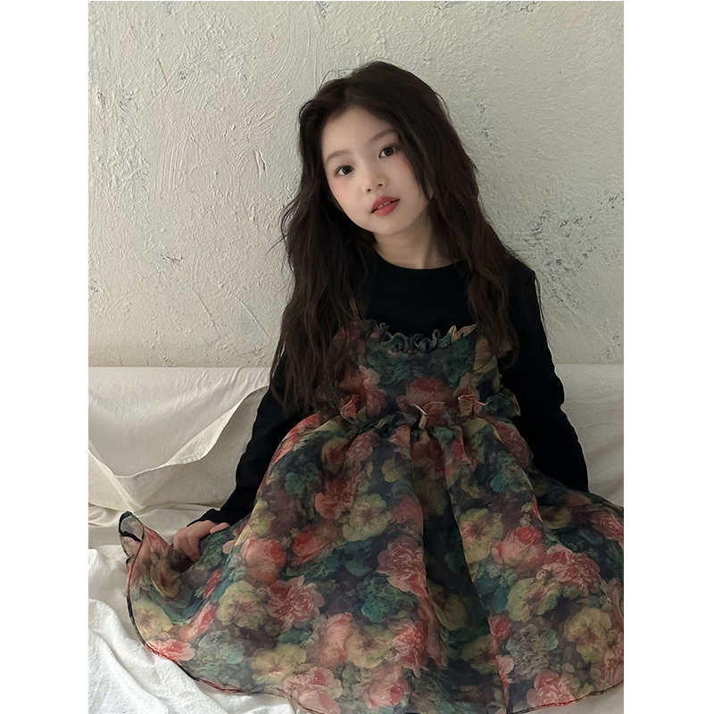 秋“走进莫奈花园~”女童打底上衣+吊带花朵连衣裙24276