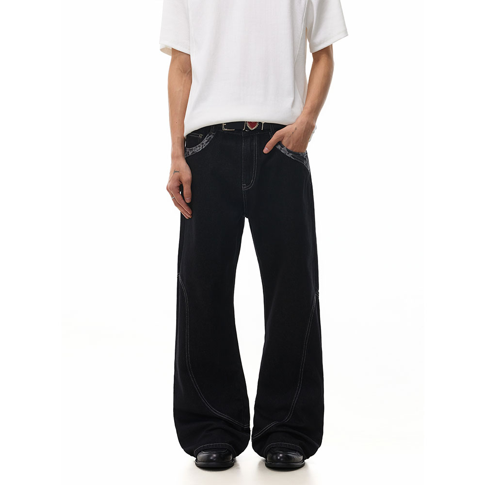 小柯XCOK 美式复古弯刀裁剪拼接提花口袋直筒微喇牛仔裤K42