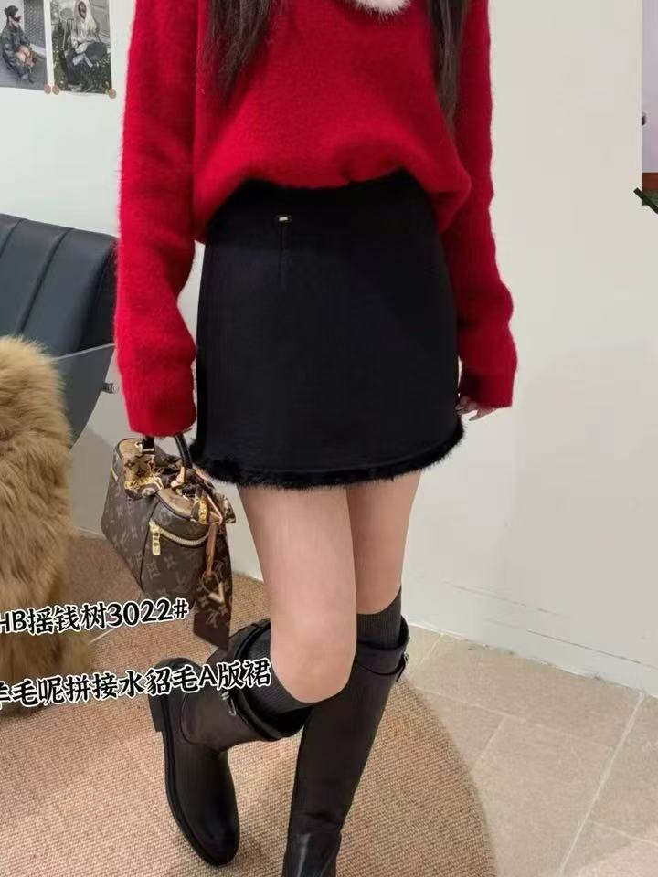 【娜姐家】9050冬季新款时尚水貂毛呢洋气短裙