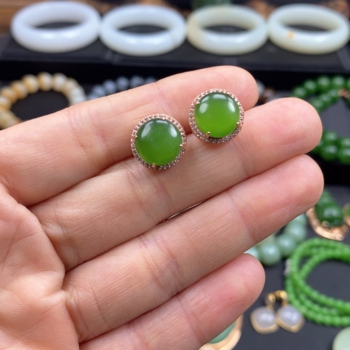 和田玉耳饰银S925镶嵌