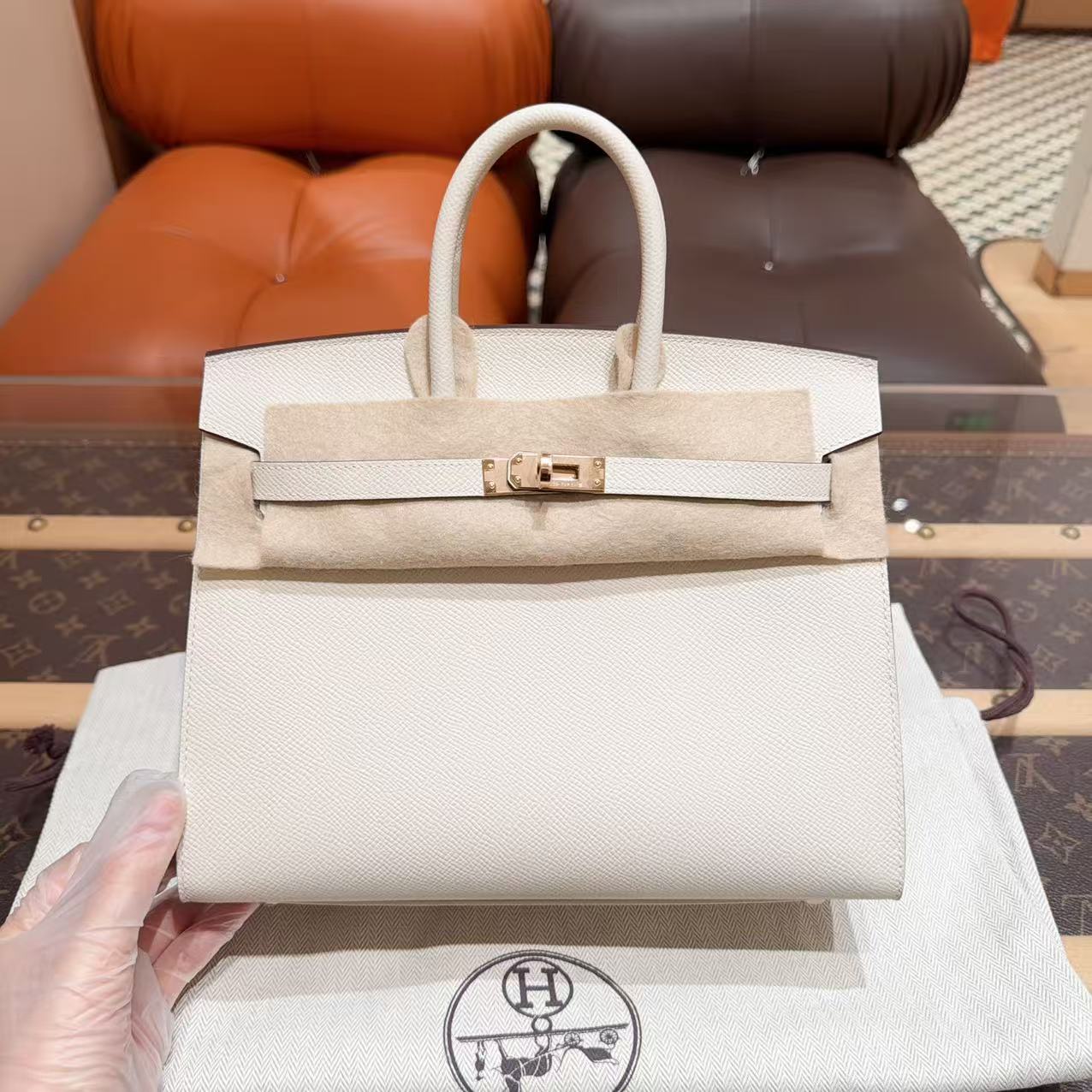 未使用 Hermes/爱马仕 Birkin25 奶昔白玫瑰金扣 内拼金棕E皮外缝