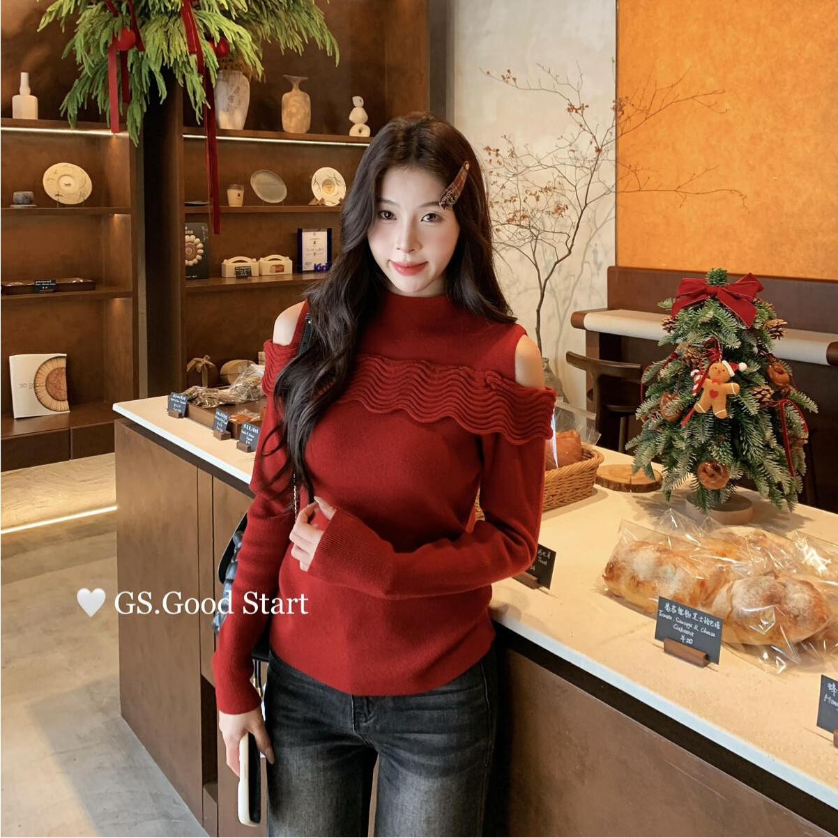 GS.GOODSTART秋冬韩系氛围感气质设计感露肩圆领针织衫女装G7789