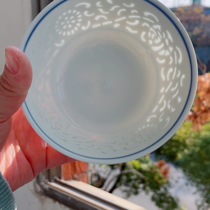 青花玲珑5寸饭碗满雕双福双线