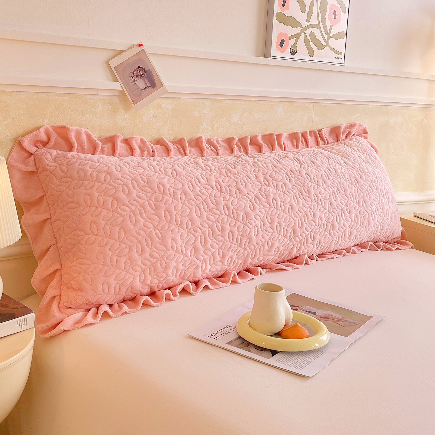 加绒加厚花边牛奶绒双人长枕套1.5m1.8米家用夫妻一体加长枕头套1