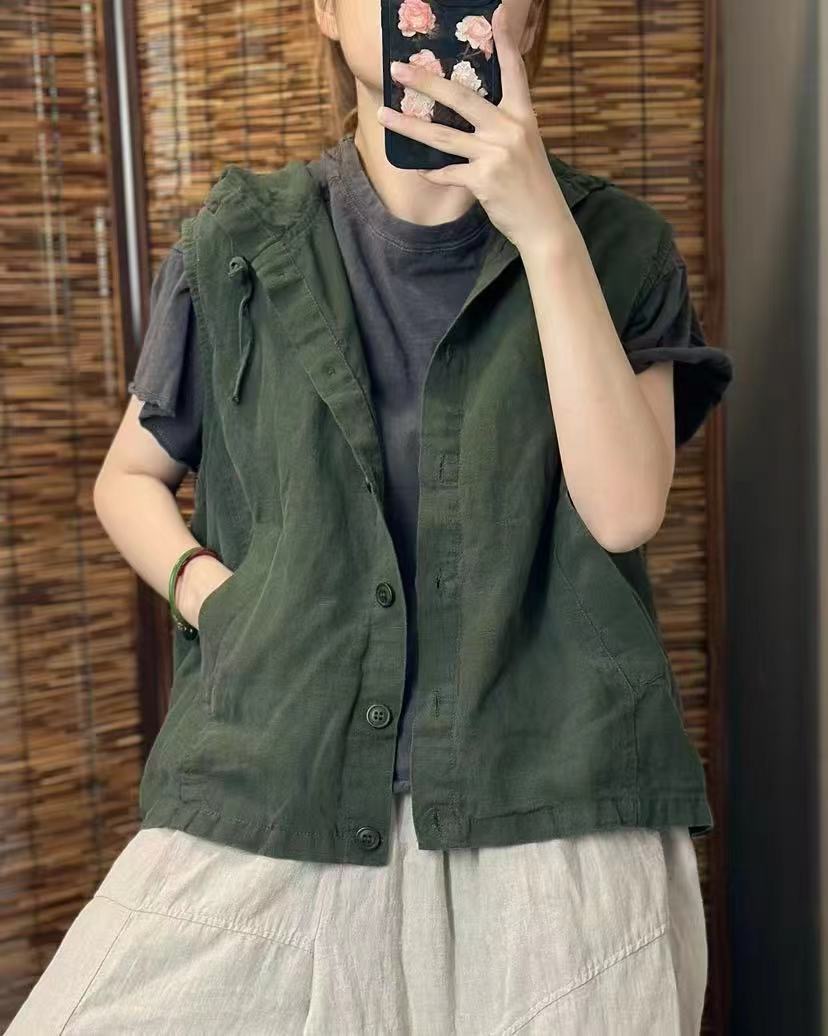 9581希哦秋季新款复古做旧亚麻连帽马甲休闲外搭宽松纯色马甲女