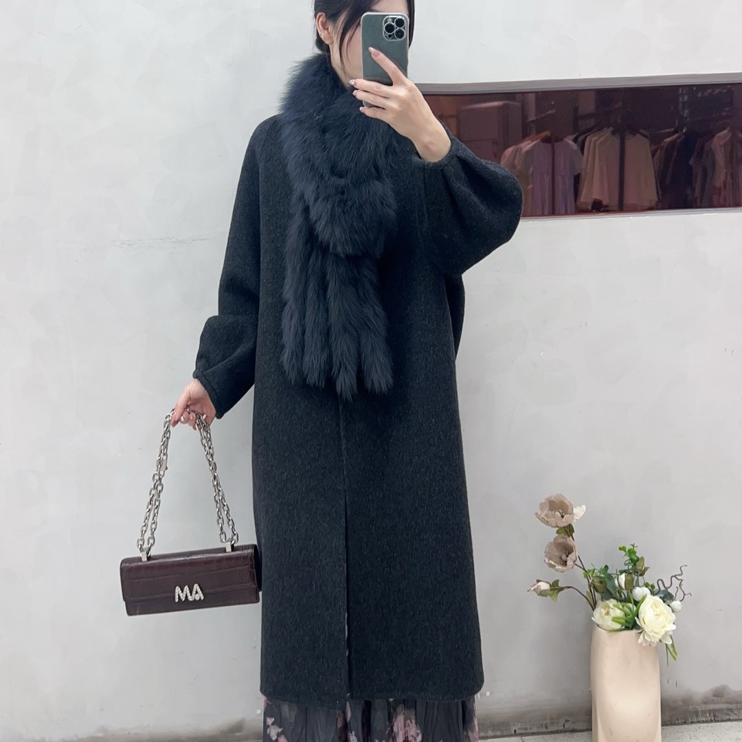 98011 羊毛双面羊毛外套2025新款配真毛领长款宽松显瘦羊毛大衣