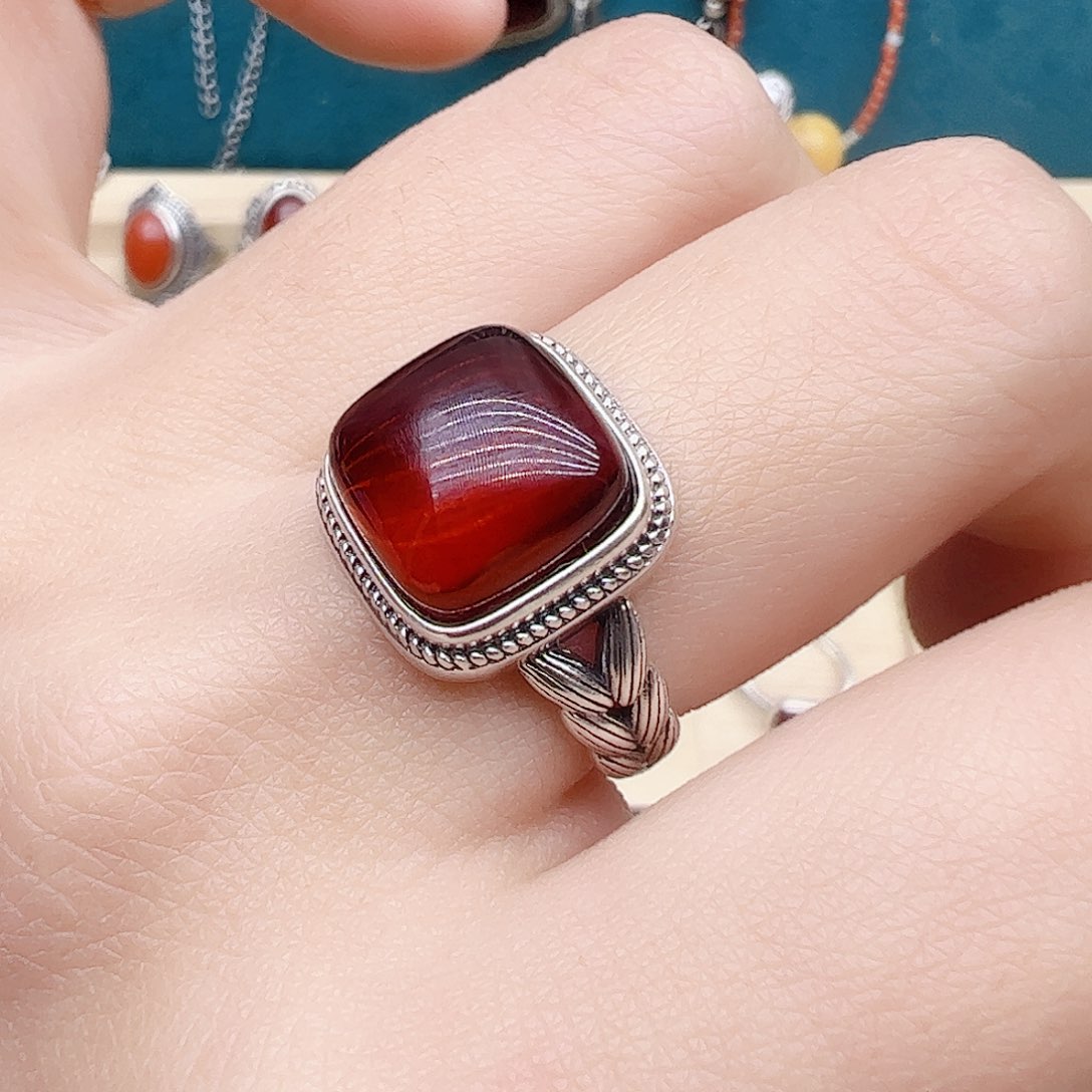 血珀戒指银S925镶嵌天然