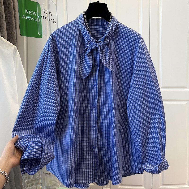 P876设计感小众蓝色格子系带衬衫女上衣气质通勤衬衣宽松春款新款