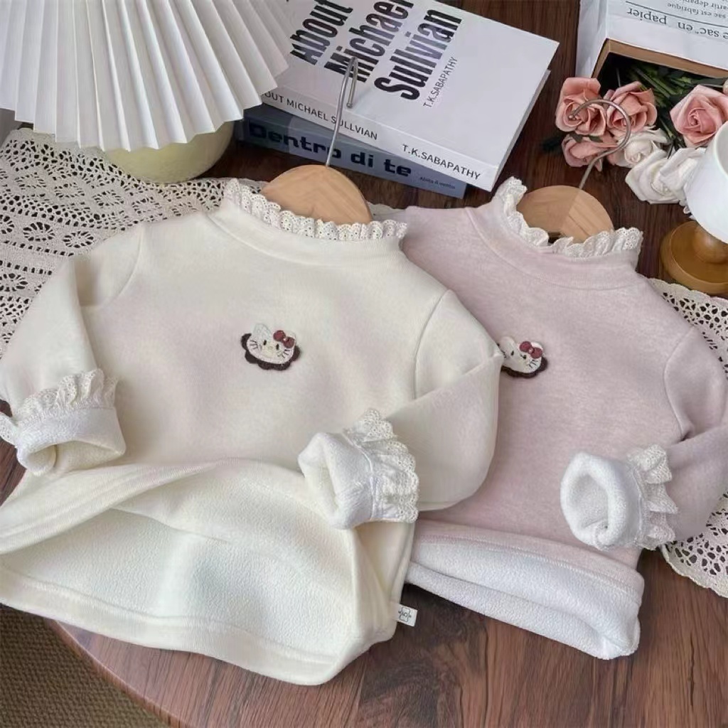 秋冬女宝蕾丝花边半高领一体绒打底衫宝宝加绒内搭儿童保暖上衣女