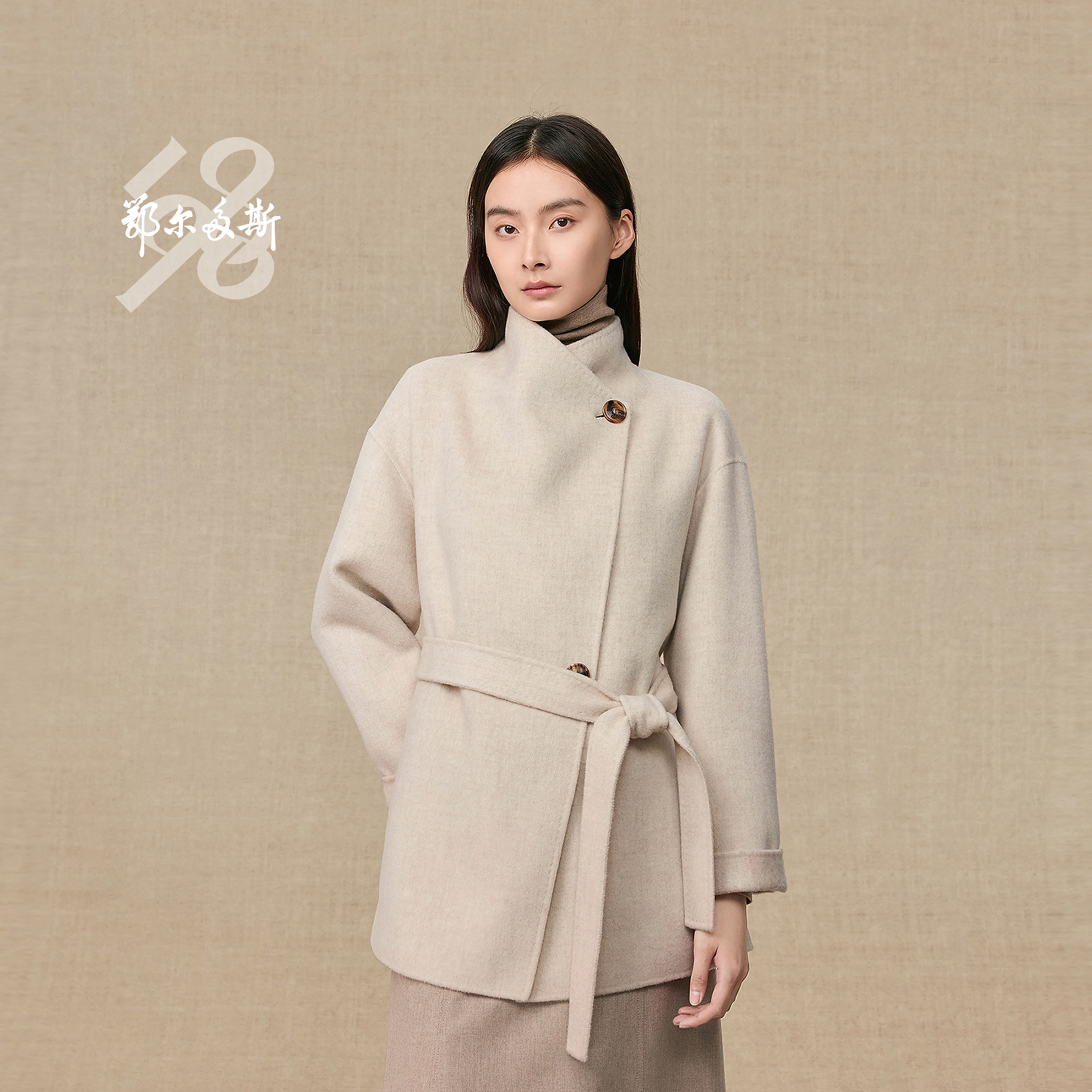 鄂尔多斯1980 新品羊毛羊绒双面呢两面提花女装短毛呢大衣25秋冬