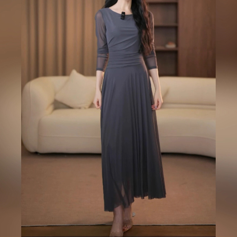 温柔风修身连衣裙显瘦秋季灰色连衣裙女御姐洋气网纱拼接百搭长裙