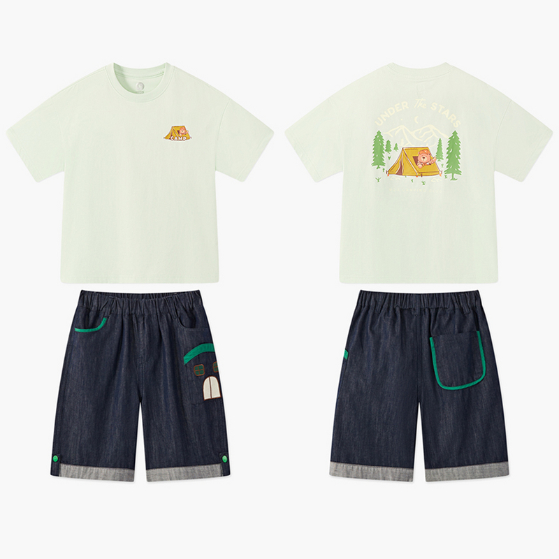 MQD童装25夏季新品学院风大图案卡通短袖亲肤T恤套装TCW0370L