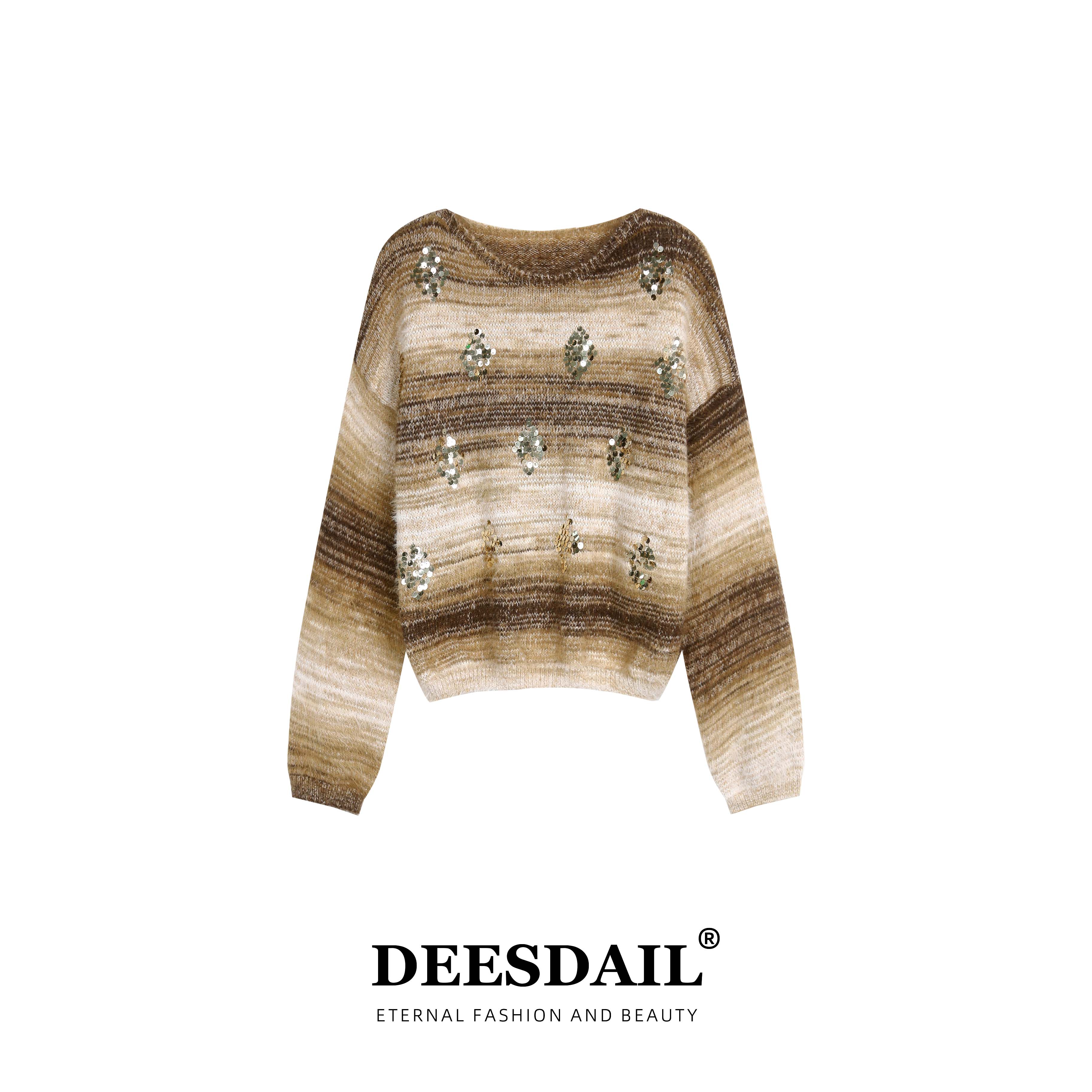 Deesdail冬季亮片渐变撞色毛衣显瘦小众知性针织衫女装A512
