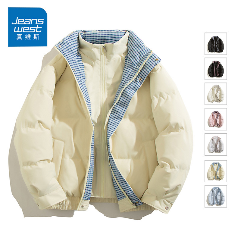 真维斯潮流假两件棉衣男士2026春季新款时尚格纹立领宽松休闲外套