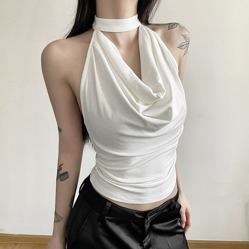 《W6》泰式复古感修身荡领挂脖吊带上衣女夏季新款甜酷风修身背心
