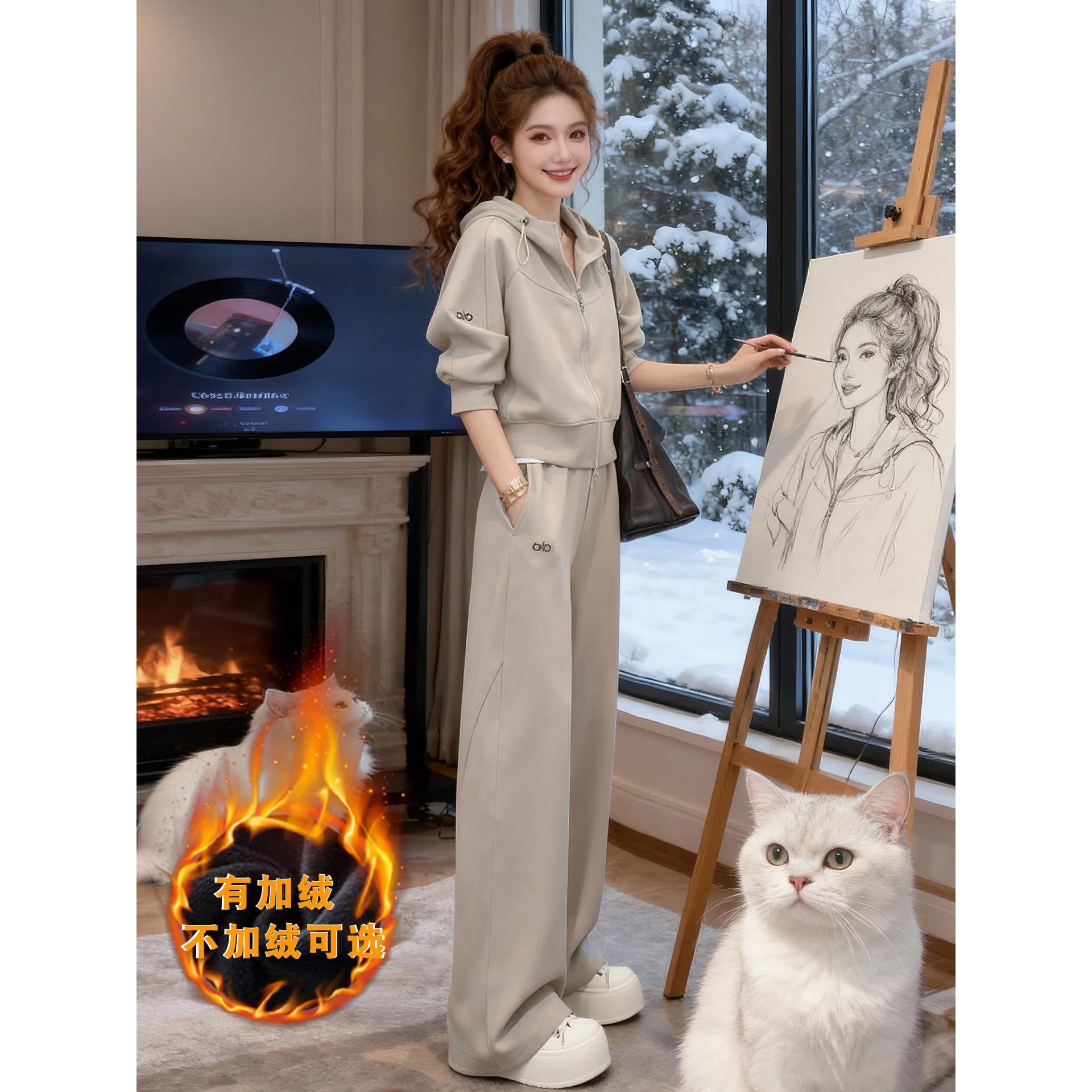 欧货高级感休闲运动套装女2025秋冬加绒加厚名牌卫衣阔腿裤两件套