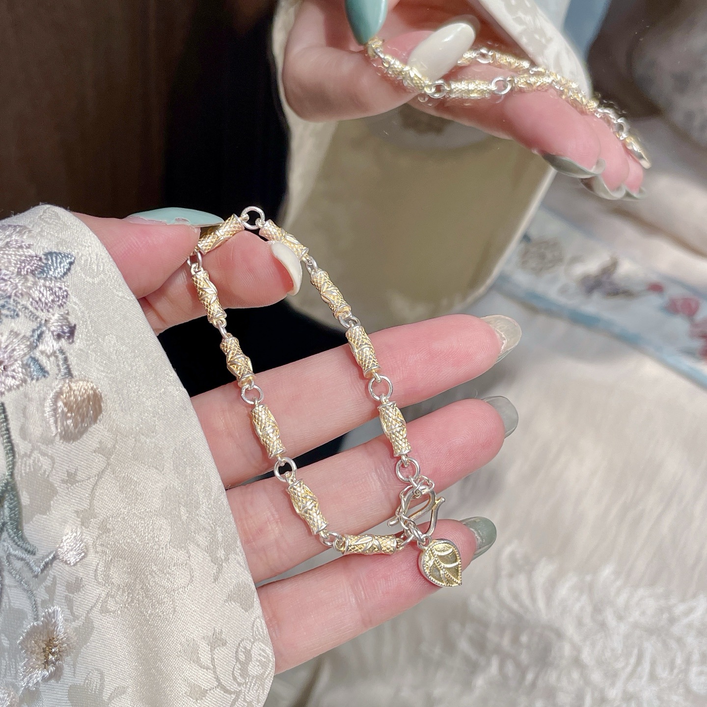 999.9银竹节叶子实心款可调节