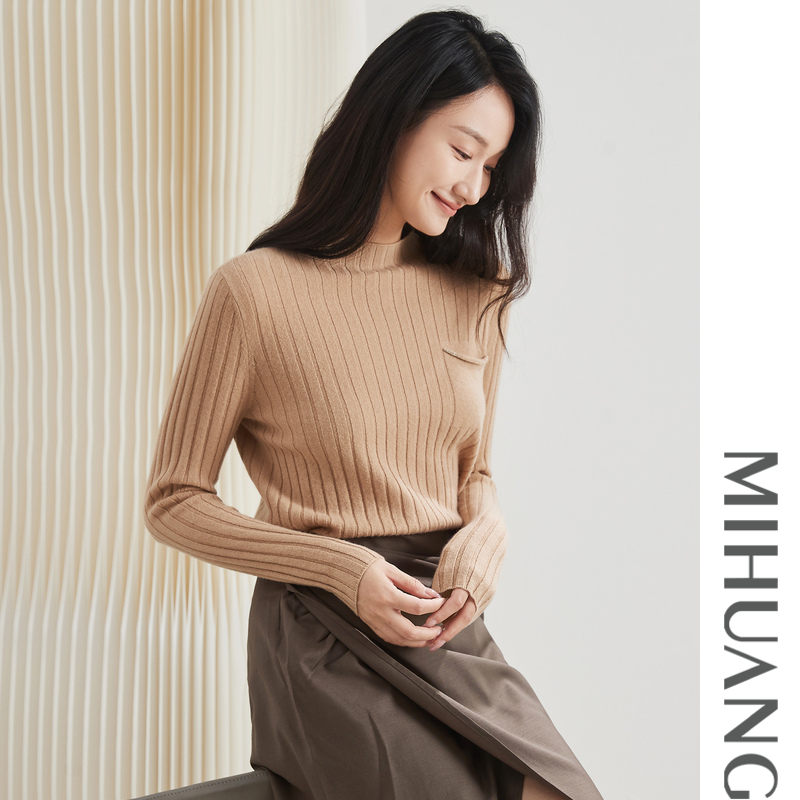 MIHUANG/米皇100山羊绒半高领抽条羊绒女衫MZJ225001
