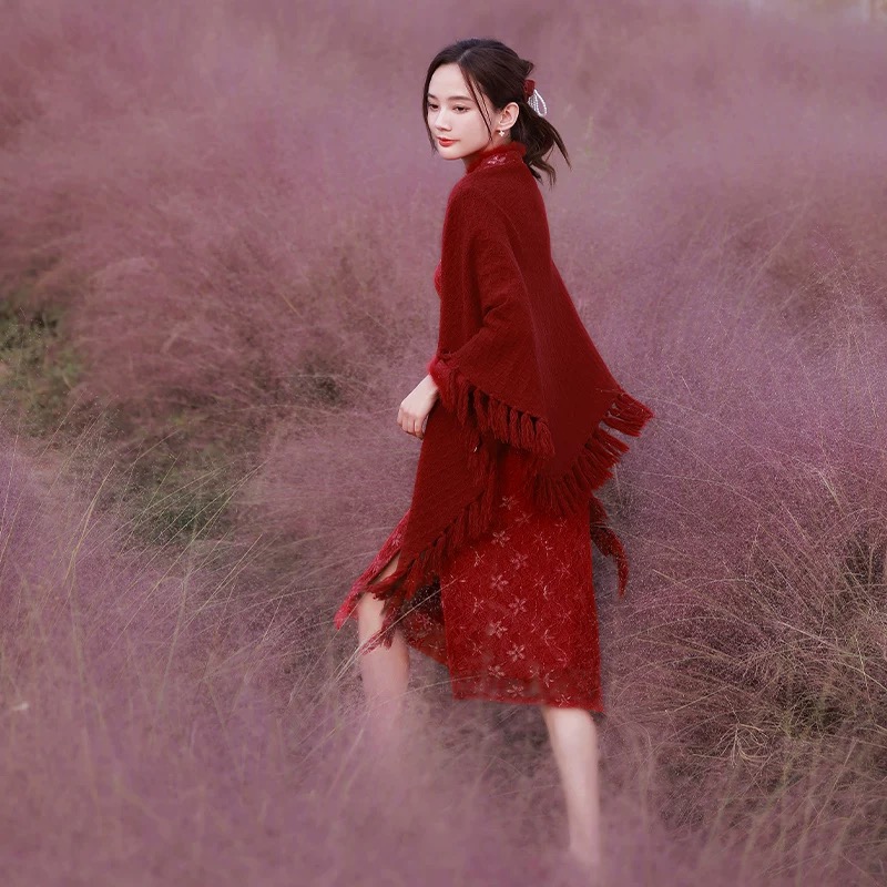 特价！秋冬蕾丝红色改良旗袍加绒加厚年轻拜年服结婚订婚礼服新娘