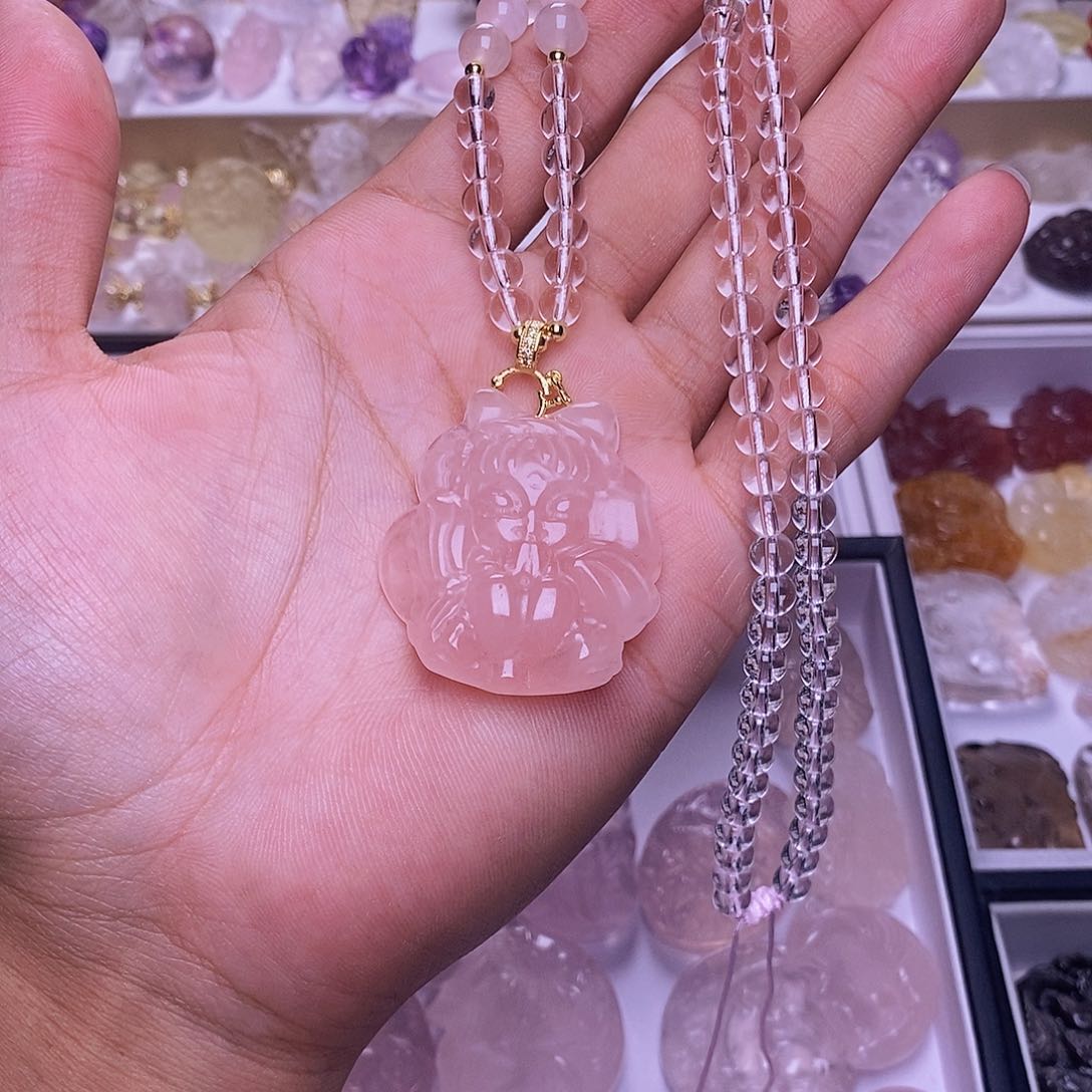 水晶颈饰未镶嵌粉水晶公主狐吊坠 送链子