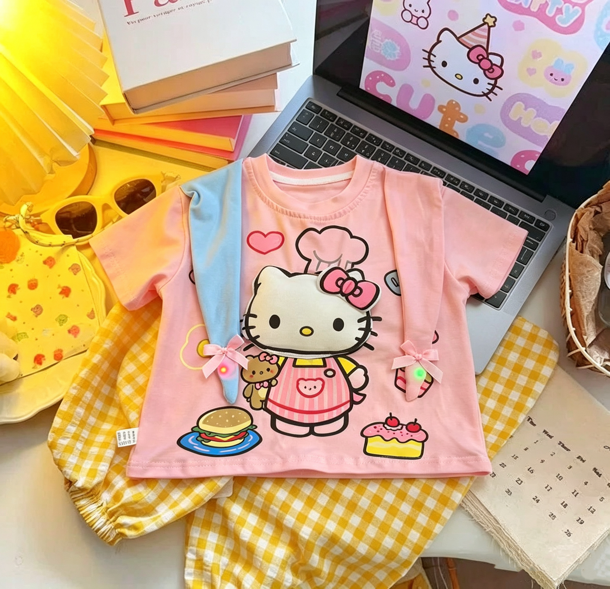 【亮灯+捏捏叫】26粉色夏日儿童个性洋气Hello Kitty童趣上衣