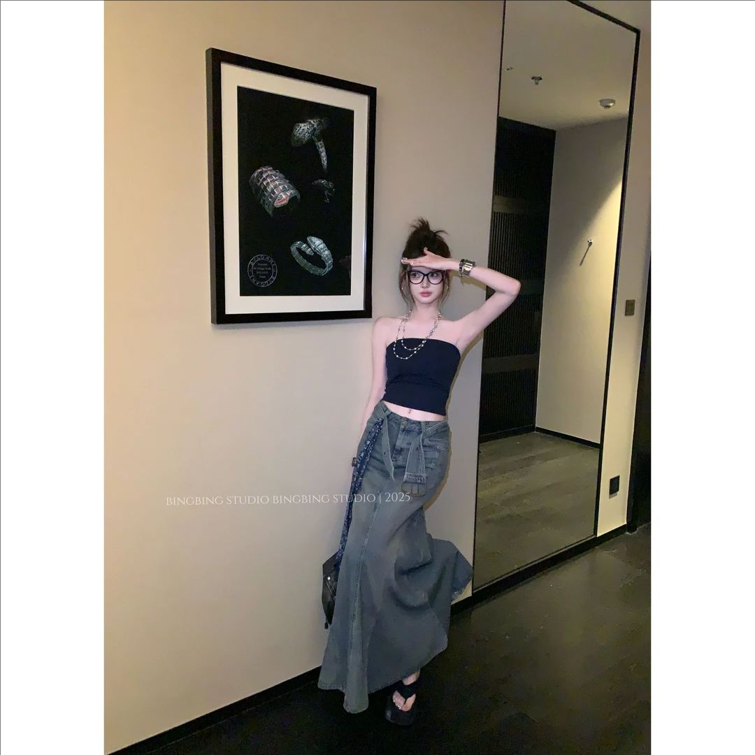 牛仔半身裙女春夏高腰显瘦垂坠感大码胖mm包臀鱼尾长裙子W2678