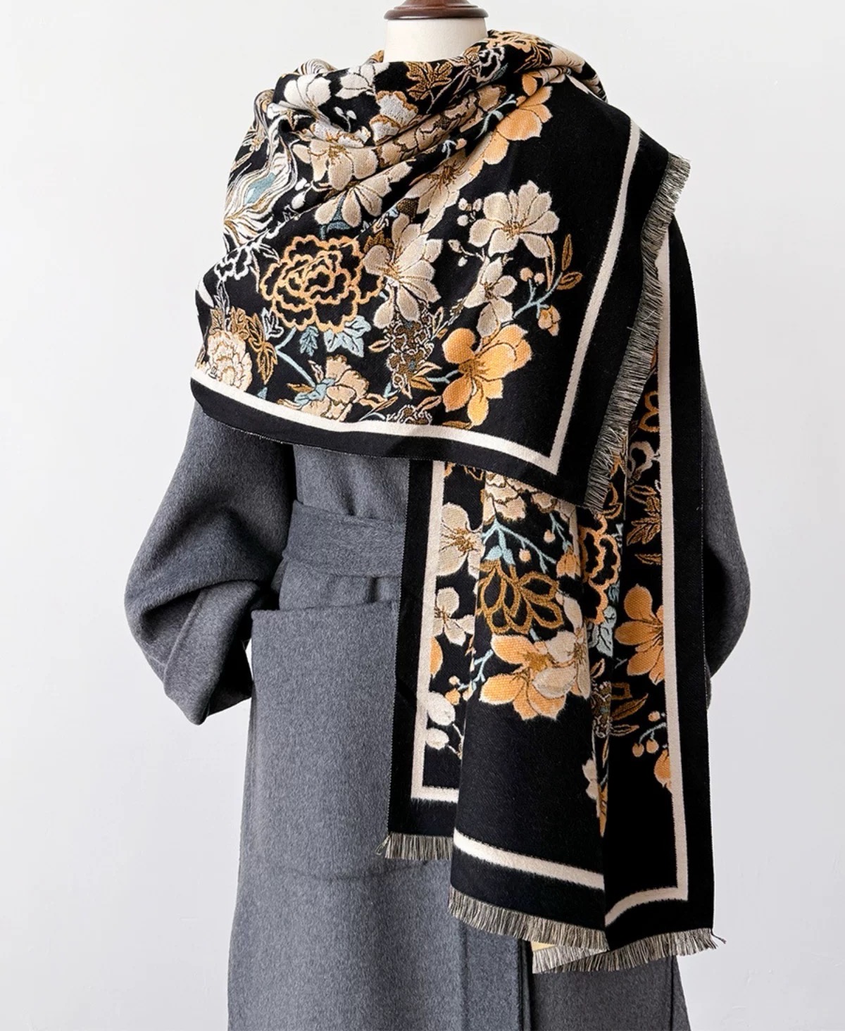 1438 重磅澳绒70*180长巾多功能御寒保暖披肩双面凤凰来仪