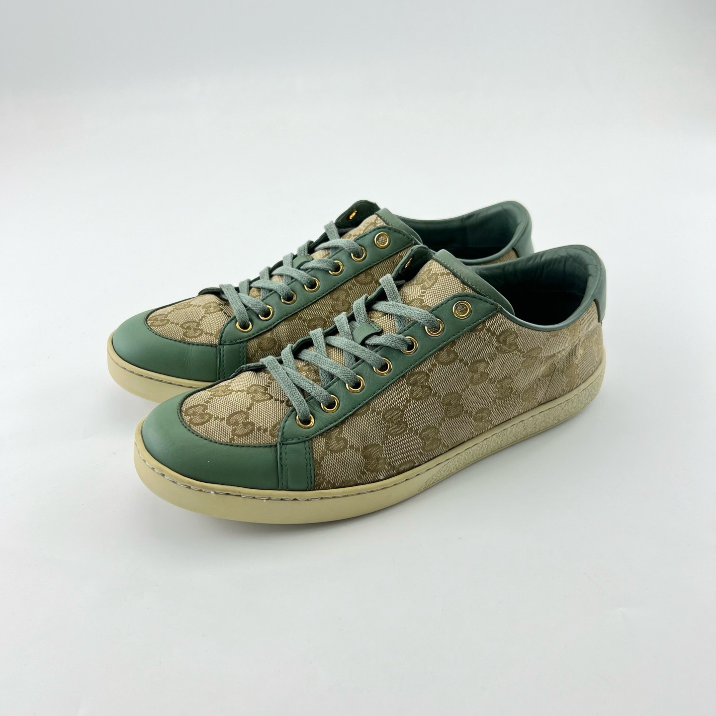 95新 GUCCI/古驰 41码/棕绿色双G满印低帮系带板鞋/13890506