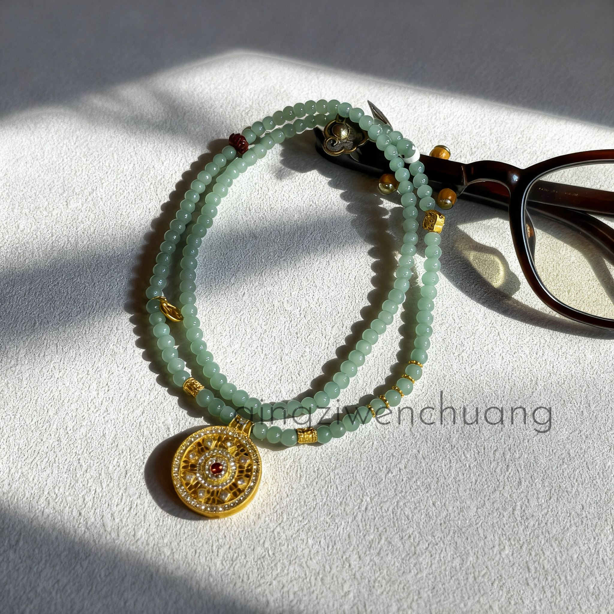 合金琉璃项链 DL- 1317-琉璃项链-福红心圆牌浅绿色项链