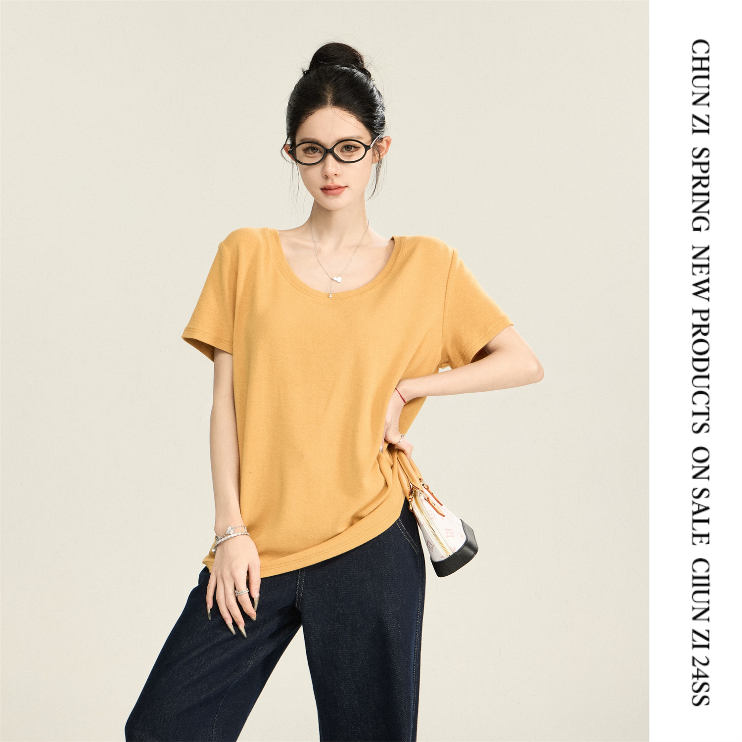 【CHUN ZI】慕斯软软T!舒适软糯多色U领T恤女春松弛宽松短袖