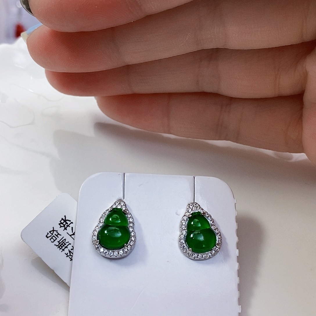 翡翠耳饰银S925镶嵌珠宝展特价缅甸A货耳饰
