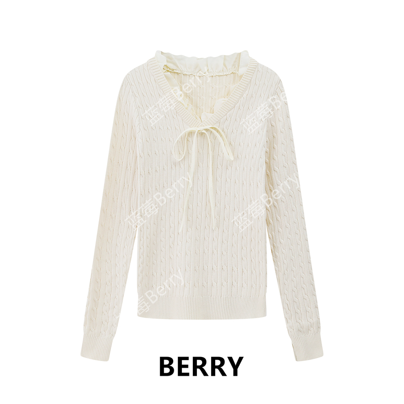  【蓝莓Berry】秋季气质拼接撞色蝴蝶结设计感毛衣女针织衫上衣