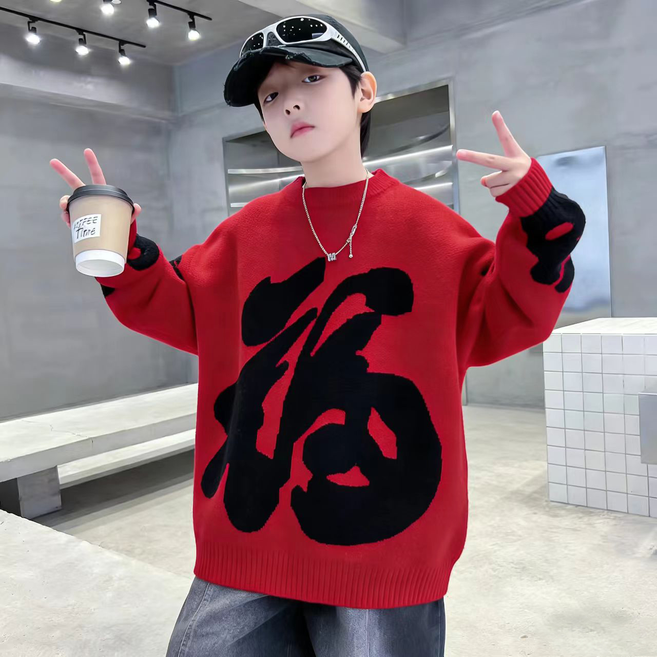 【亲子款】男童毛衣新款加厚打底衫红色新年拜年服男女中大童童装