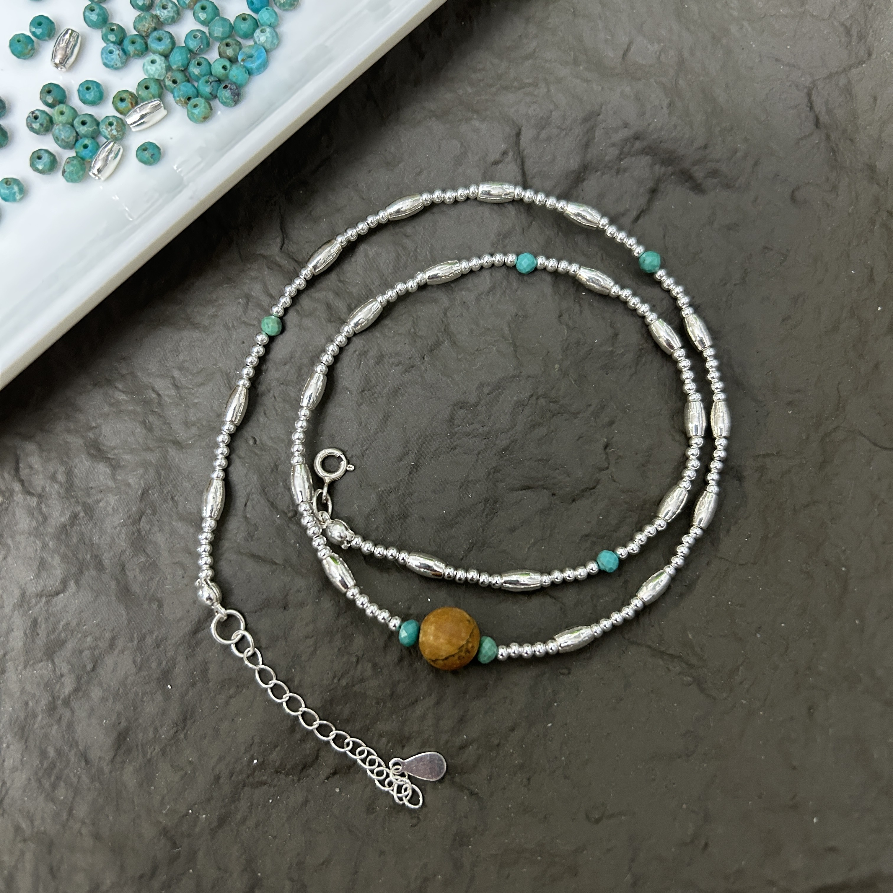 链子925银 冰蓝原创手工串珠颈链（40+5）